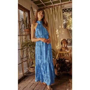 Saylor Corinna Tiered Maxi Dress Halter Sleeveless Floral Satin Jacquard Blue S